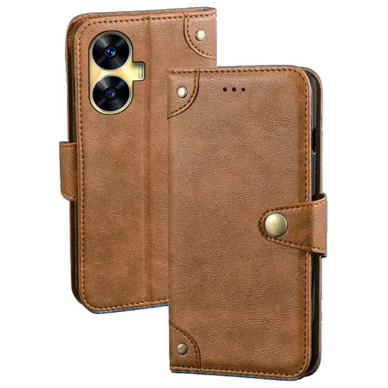 IDEWEI For Realme C55 Protective Phone Case Flip Leather Wallet Cell Phone Stand Cover - Brown