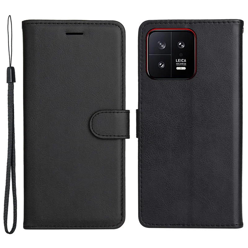 KT Leather Series-2 for Xiaomi 13 5G Solid Color Phone Stand Case PU Leather Wallet Cover with Strap - Black