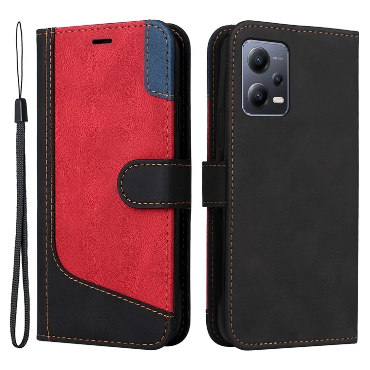 KT Leather Series-5 for Xiaomi Redmi Note 12 5G (Global) / (India) / (China) / Poco X5 5G Phone Leather Case Stand Wallet Tri-color Splicing Cover with Strap - Black