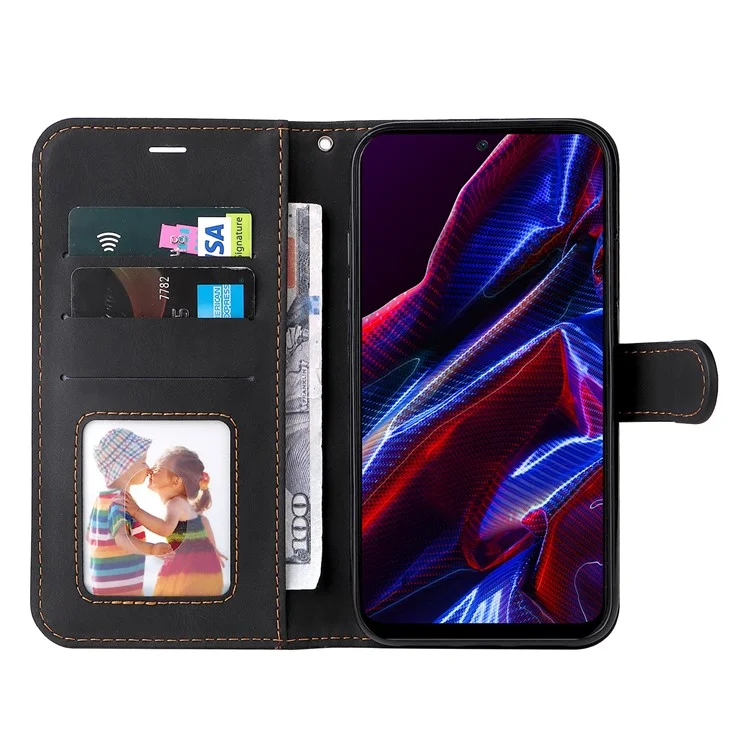 KT Leather Series-5 for Xiaomi Redmi Note 12 5G (Global) / (India) / (China) / Poco X5 5G Phone Leather Case Stand Wallet Tri-color Splicing Cover with Strap - Black