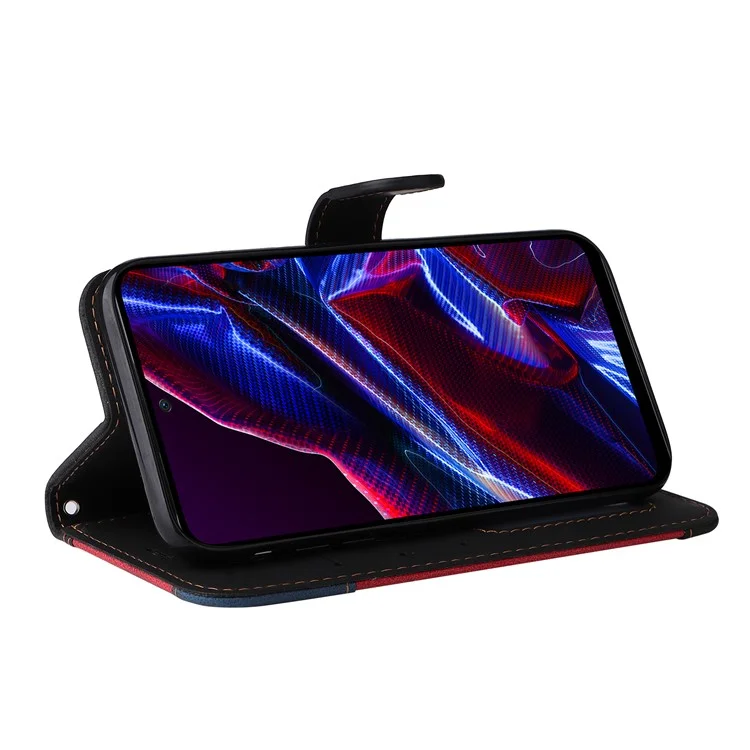 KT Leather Series-5 for Xiaomi Redmi Note 12 5G (Global) / (India) / (China) / Poco X5 5G Phone Leather Case Stand Wallet Tri-color Splicing Cover with Strap - Black