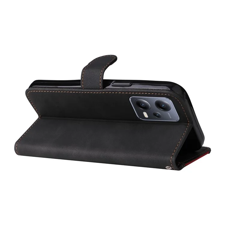 KT Leather Series-5 for Xiaomi Redmi Note 12 5G (Global) / (India) / (China) / Poco X5 5G Phone Leather Case Stand Wallet Tri-color Splicing Cover with Strap - Black