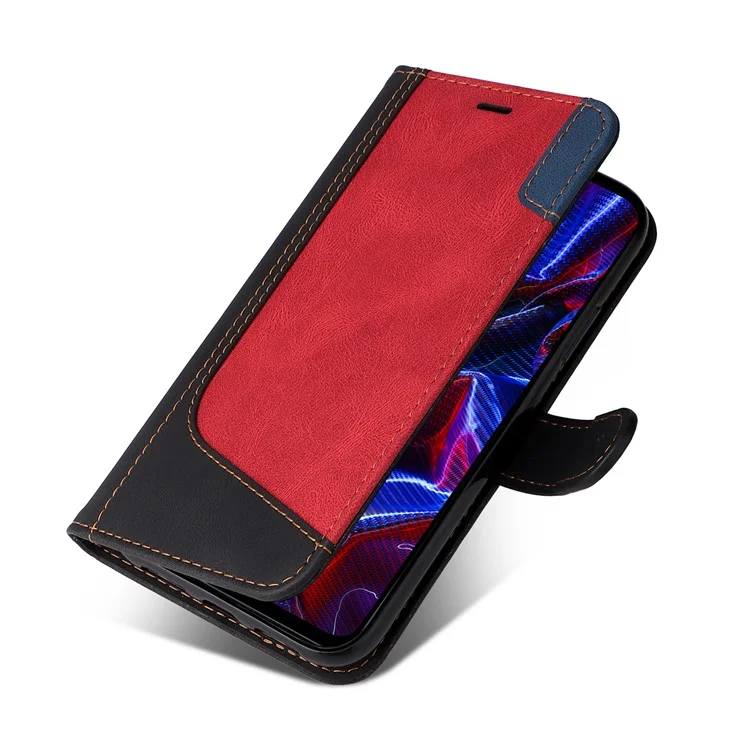 KT Leather Series-5 for Xiaomi Redmi Note 12 5G (Global) / (India) / (China) / Poco X5 5G Phone Leather Case Stand Wallet Tri-color Splicing Cover with Strap - Black