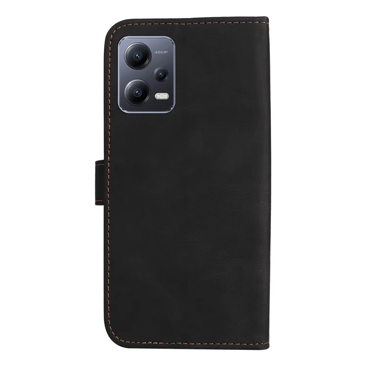 KT Leather Series-5 for Xiaomi Redmi Note 12 5G (Global) / (India) / (China) / Poco X5 5G Phone Leather Case Stand Wallet Tri-color Splicing Cover with Strap - Black