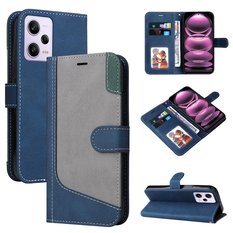 KT Leath Series-5 Pour Xiaomi Redmi Note 12 Pro 5G (chine) / (inde) Portefeuille de Téléphone en Cuir Boîtier Tri-color Splicing Stand Couvercle Avec Sangle - Bleu