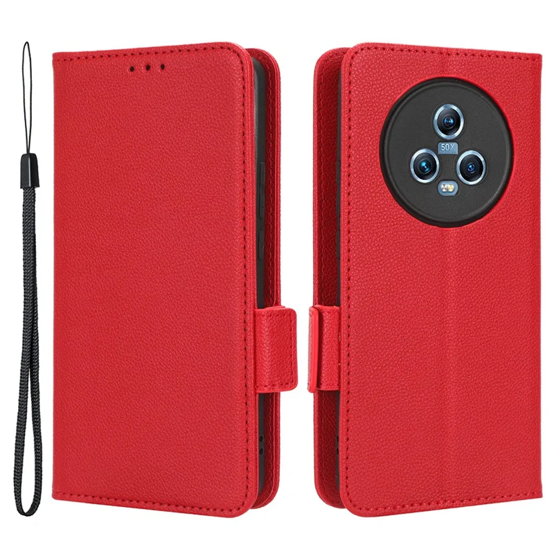 For Honor Magic5 Phone Cover Stand Wallet Litchi Texture PU Leather Dual Magnetic Clasp Phone Case - Red