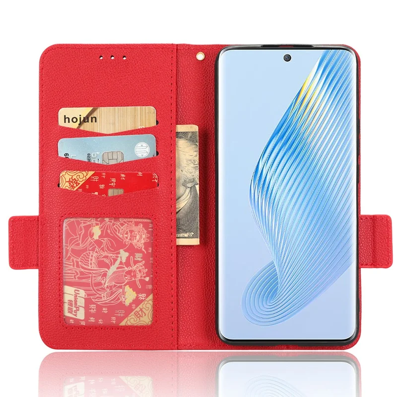 For Honor Magic5 Phone Cover Stand Wallet Litchi Texture PU Leather Dual Magnetic Clasp Phone Case - Red