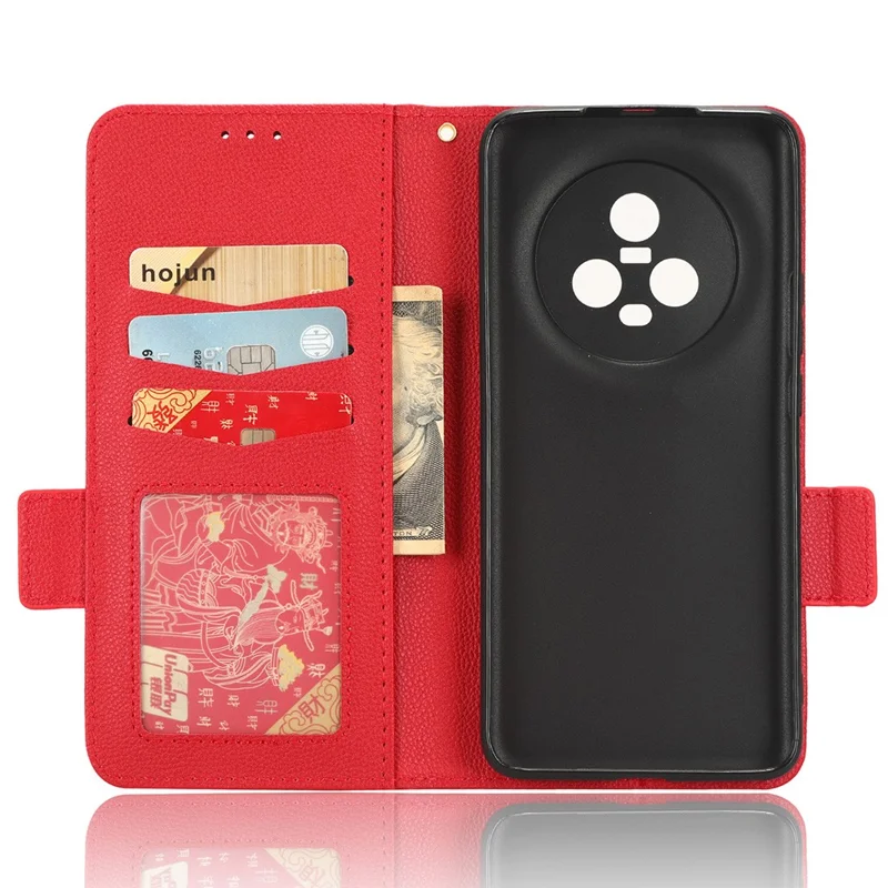 For Honor Magic5 Phone Cover Stand Wallet Litchi Texture PU Leather Dual Magnetic Clasp Phone Case - Red