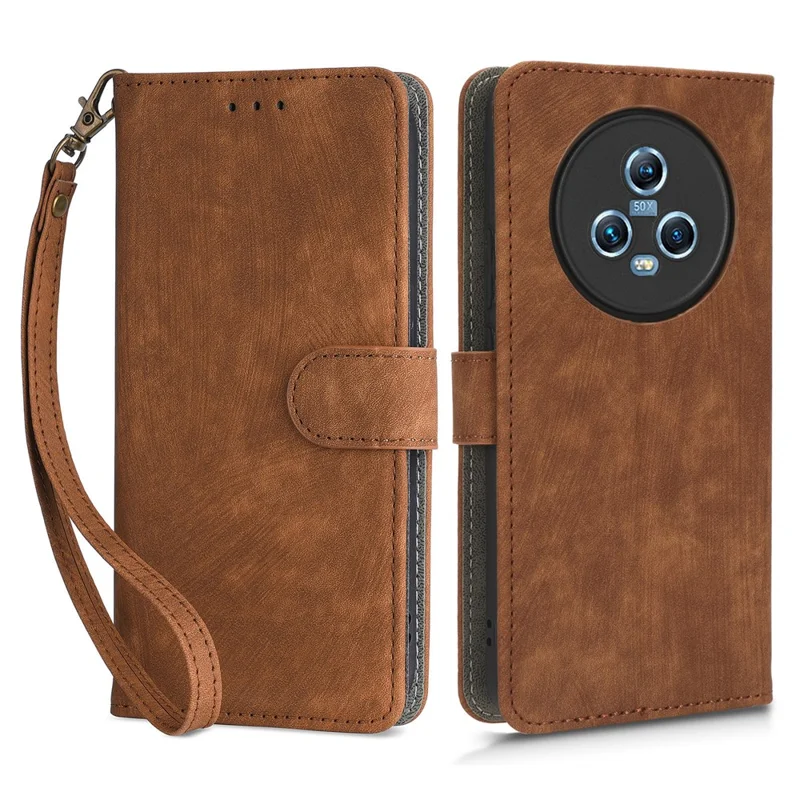 Wallet Phone Case for Honor Magic5 , RFID Blocking Leather Stand Phone Cover with Strap - Brown