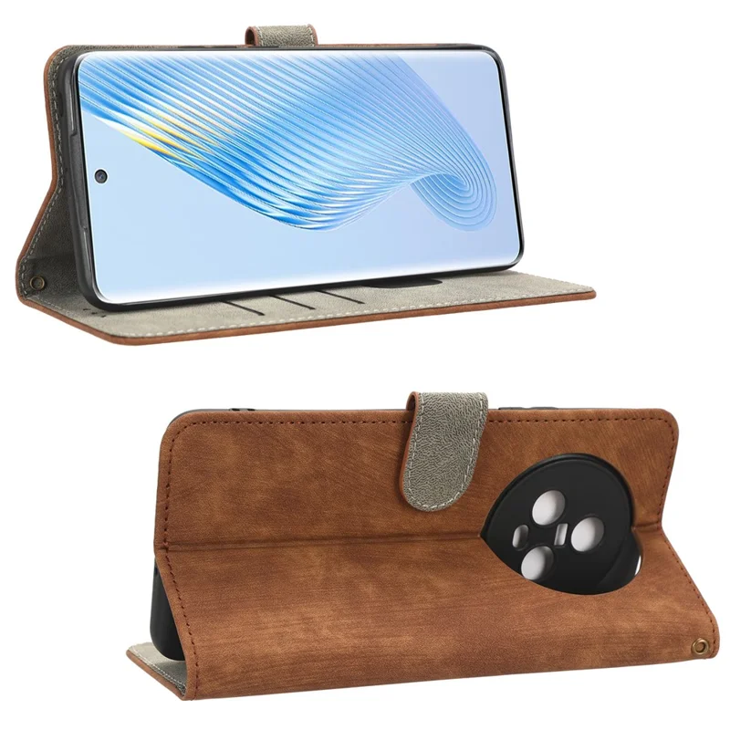 Wallet Phone Case for Honor Magic5 , RFID Blocking Leather Stand Phone Cover with Strap - Brown