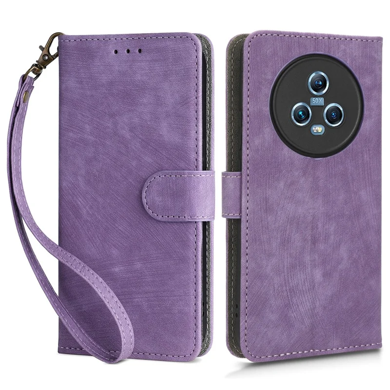 Wallet Phone Case for Honor Magic5 , RFID Blocking Leather Stand Phone Cover with Strap - Purple
