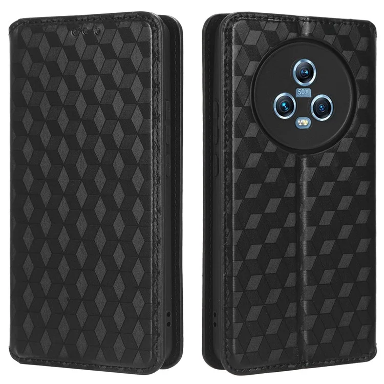 For Honor Magic5 Cell Phone Leather Case Wallet Stand Imprinted Rhombus Pattern Phone Cover - Black