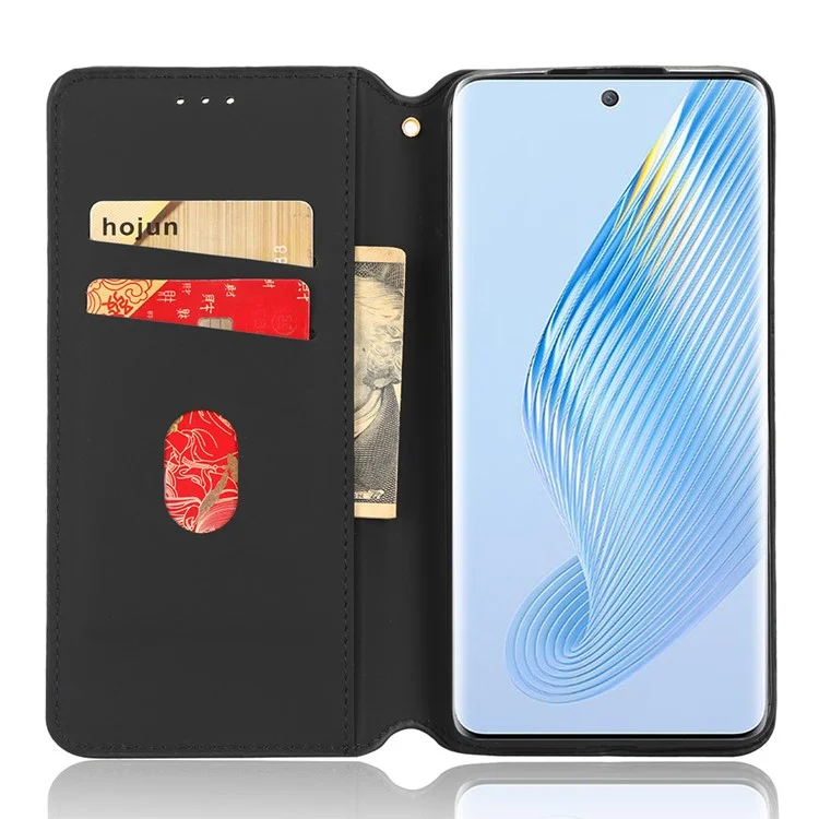 For Honor Magic5 Cell Phone Leather Case Wallet Stand Imprinted Rhombus Pattern Phone Cover - Black