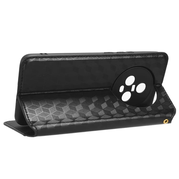 For Honor Magic5 Cell Phone Leather Case Wallet Stand Imprinted Rhombus Pattern Phone Cover - Black
