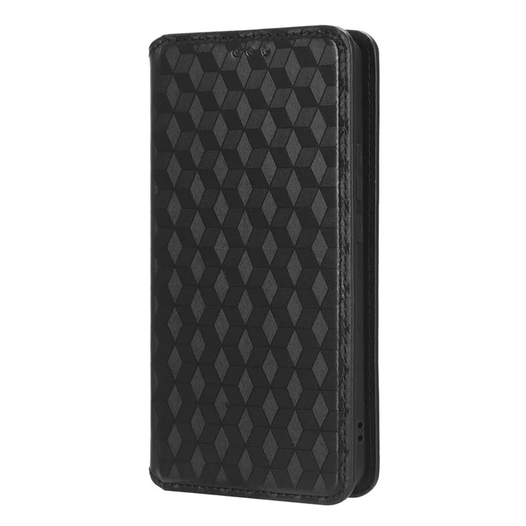 For Honor Magic5 Cell Phone Leather Case Wallet Stand Imprinted Rhombus Pattern Phone Cover - Black