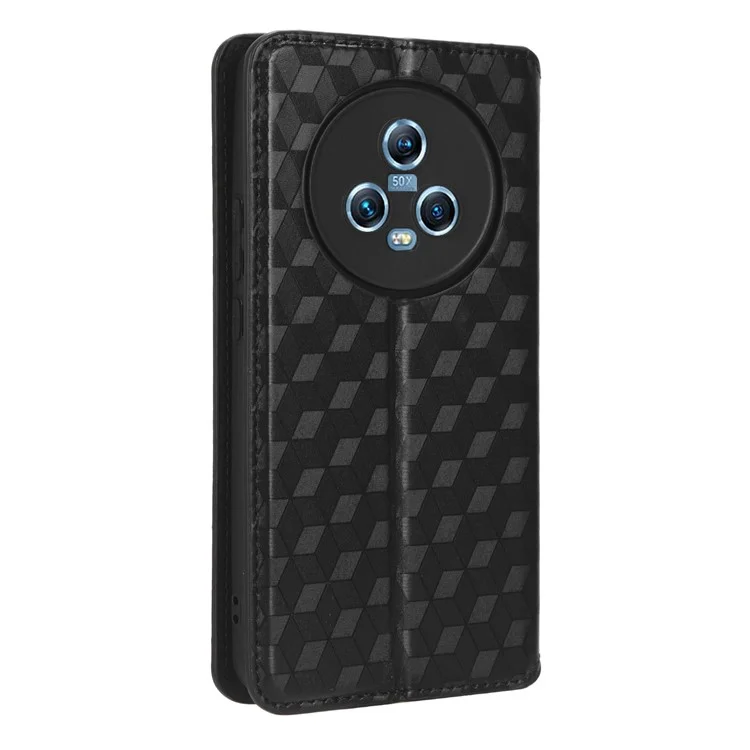 For Honor Magic5 Cell Phone Leather Case Wallet Stand Imprinted Rhombus Pattern Phone Cover - Black
