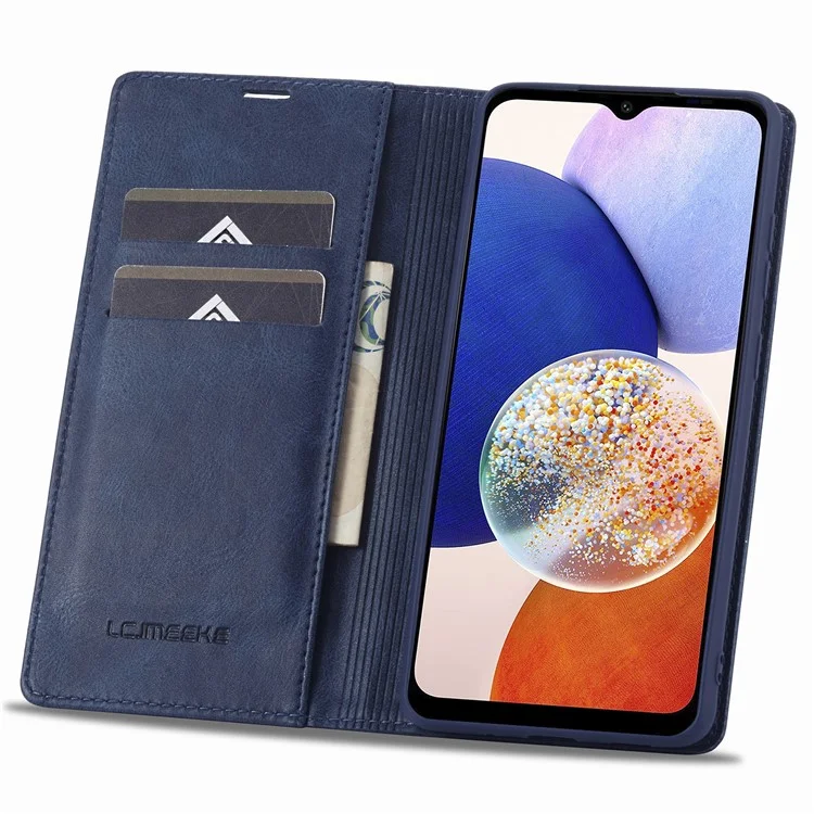LC.IMEEKE For Samsung Galaxy A14 4G / 5G PU Leather Flip Wallet Case RFID Blocking Stand Phone Cover - Blue