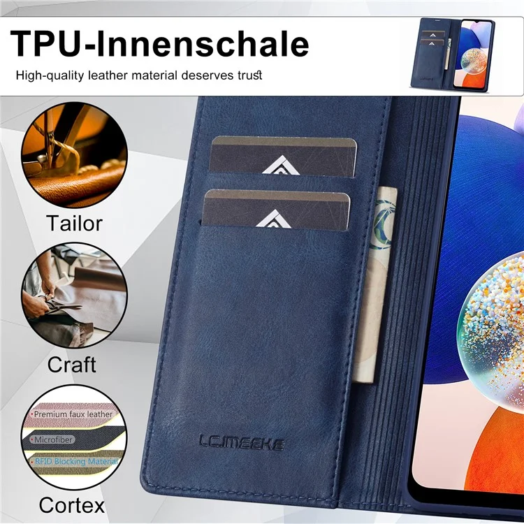 LC.IMEEKE For Samsung Galaxy A14 4G / 5G PU Leather Flip Wallet Case RFID Blocking Stand Phone Cover - Blue