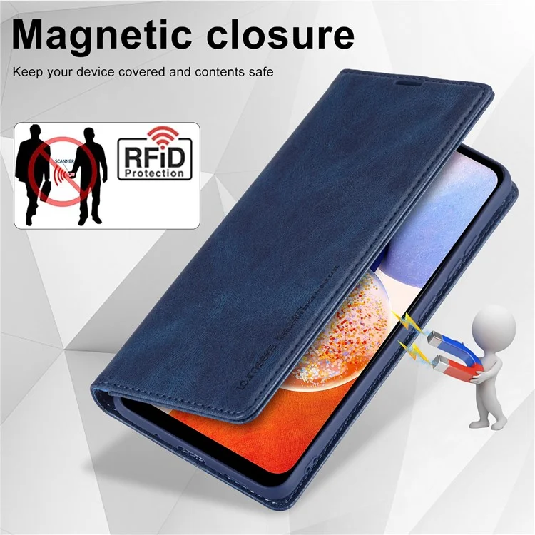 LC.IMEEKE For Samsung Galaxy A14 4G / 5G PU Leather Flip Wallet Case RFID Blocking Stand Phone Cover - Blue
