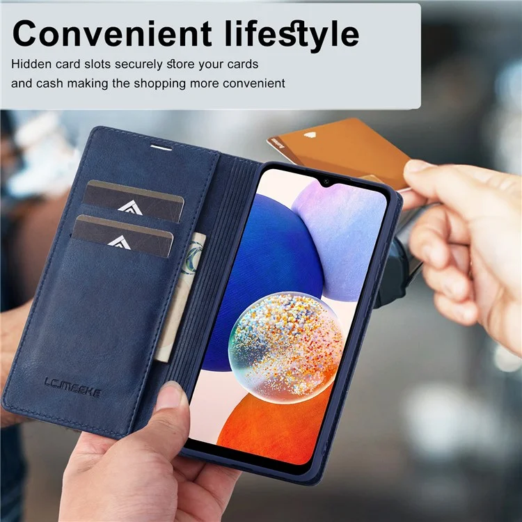 LC.IMEEKE For Samsung Galaxy A14 4G / 5G PU Leather Flip Wallet Case RFID Blocking Stand Phone Cover - Blue