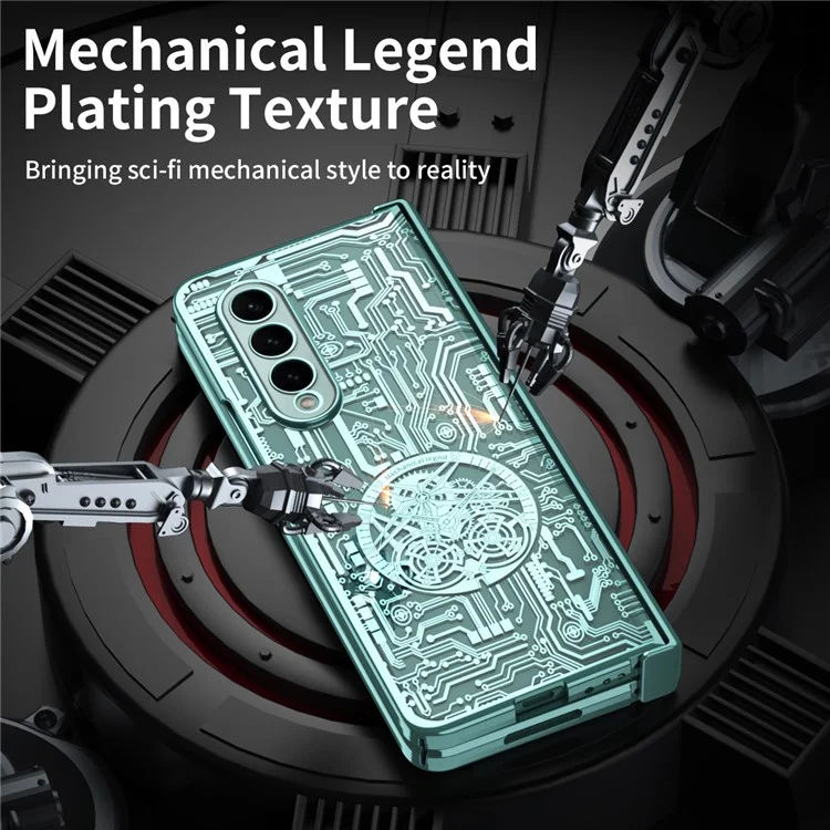 Para Samsung Galaxy Z Fold4 5G Mechanical Legend Series Electroplating Phone Case Hard PC Shockproof Cover with Tempered Glass Film - Verde