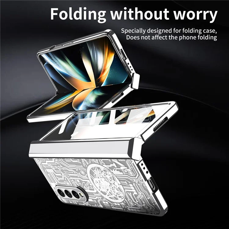 For Samsung Galaxy Z Fold4 5G Mechanical Legend Series Electroplating Phone Case Hard PC Shockproof Cover with Tempered Glass Film - Silver