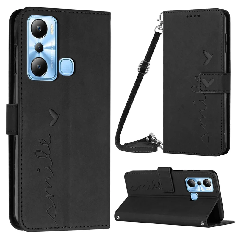For Infinix Hot 20i 4G PU Leather Phone Case Heart Shape Phone Wallet Stand Cover with Shoulder Strap - Black