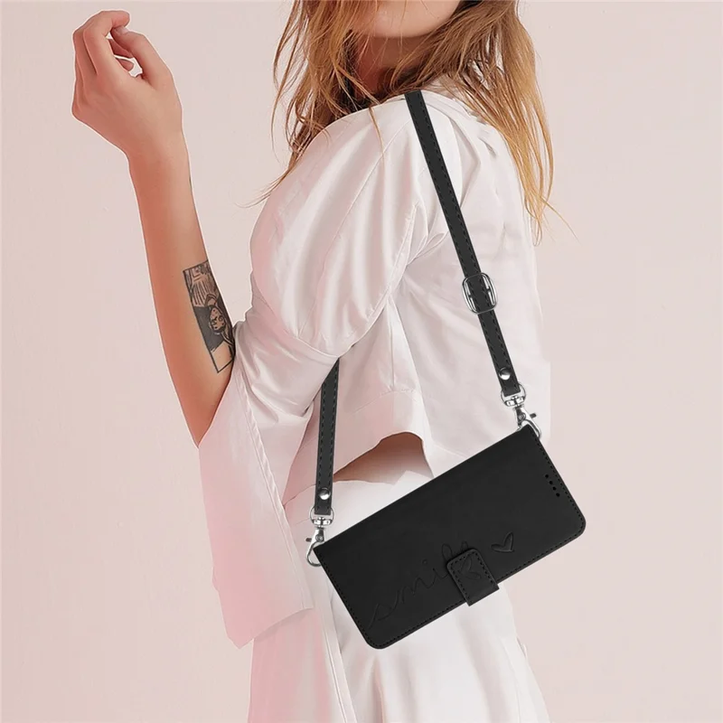 For Infinix Hot 20i 4G PU Leather Phone Case Heart Shape Phone Wallet Stand Cover with Shoulder Strap - Black