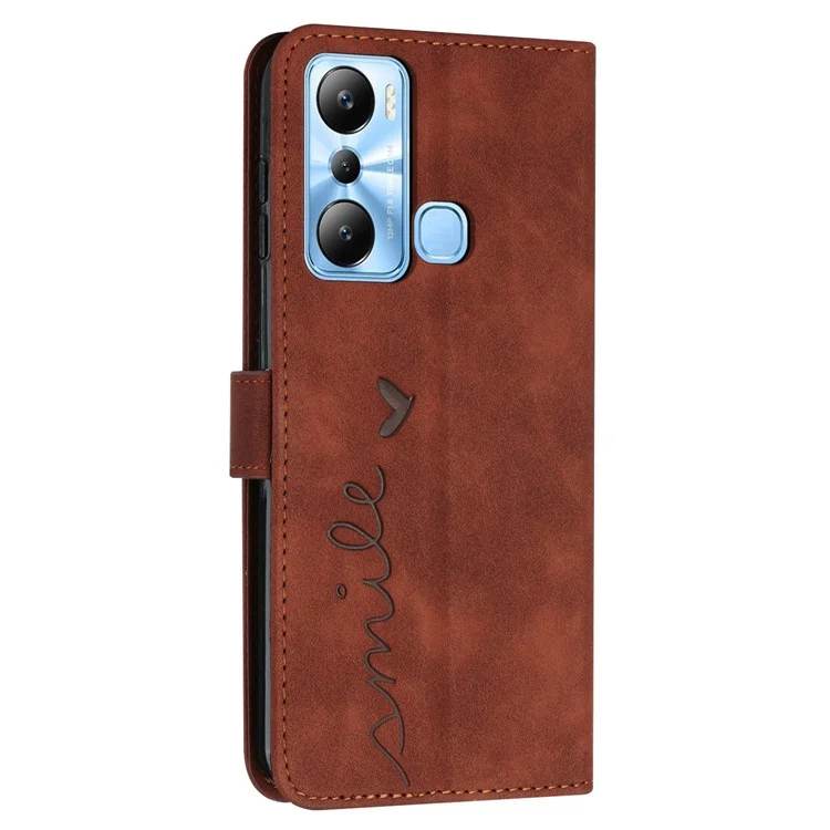 For Infinix Hot 20i 4G Phone Cover Imprinted Heart Shape Phone Leather Case Stand Wallet with Strap - Brown