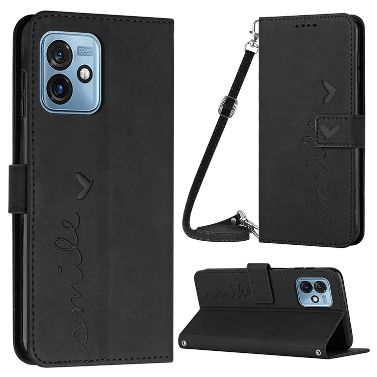 Para Motorola Moto G 5G (2023) Heart Shape Phone Leather Case Wallet Stand Cell Phone Cover with Shoulder Strap - Black
