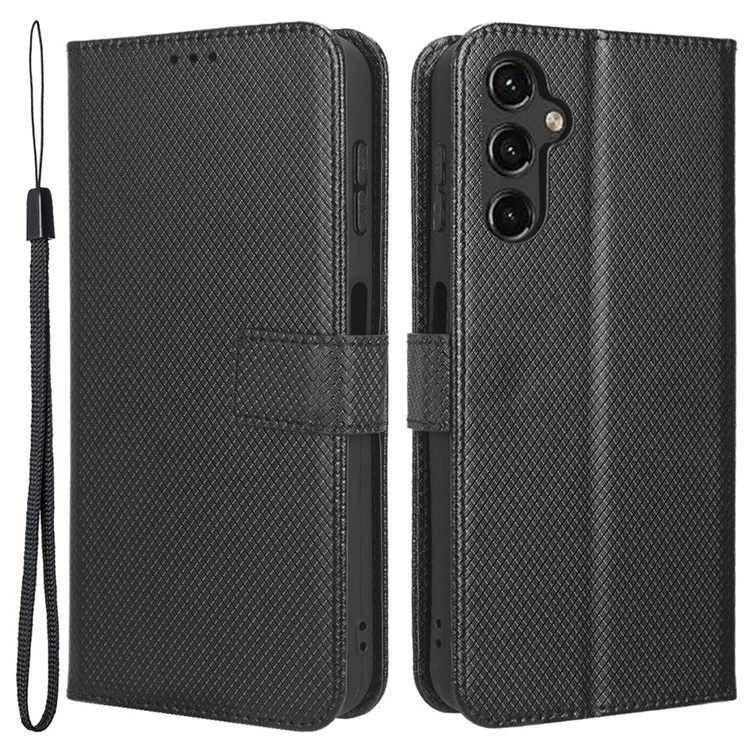 For Samsung Galaxy A24 4G (162.1 x 77.6 x 8.3mm) PU Leather Phone Case Wallet Stand Diamond Texture Protective Cover - Black