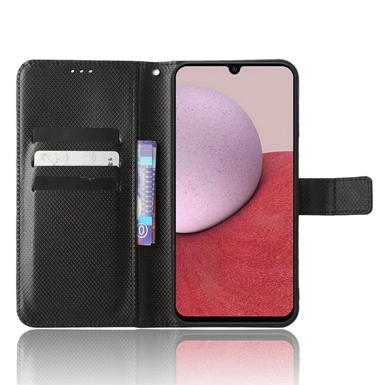 For Samsung Galaxy A24 4G (162.1 x 77.6 x 8.3mm) PU Leather Phone Case Wallet Stand Diamond Texture Protective Cover - Black