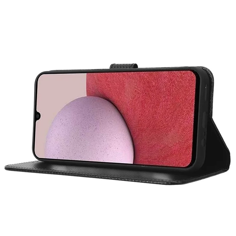 For Samsung Galaxy A24 4G (162.1 x 77.6 x 8.3mm) PU Leather Phone Case Wallet Stand Diamond Texture Protective Cover - Black