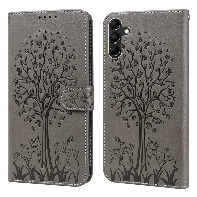 Para Samsung Galaxy A34 5G Case de carteira de couro sintético de telefone com padrão de árvore de veado - Cinza