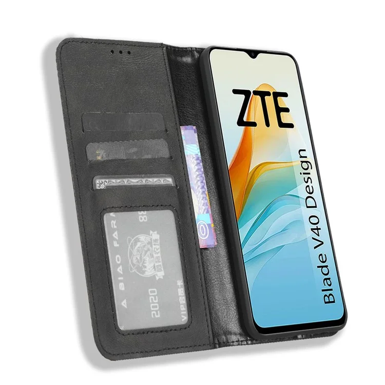 Pour ZTE Blade V40 Design Étui de téléphone portable en cuir PU avec support Portefeuille Rétro - Noir