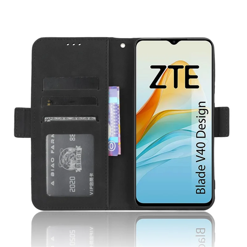 For ZTE Blade V40 Design PU Leather Phone Stand Case Multiple Card Slots Wallet Smartphone Cover - Black