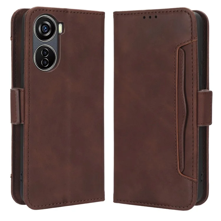 For ZTE Blade V40 Design PU Leather Phone Stand Case Multiple Card Slots Wallet Smartphone Cover - Brown