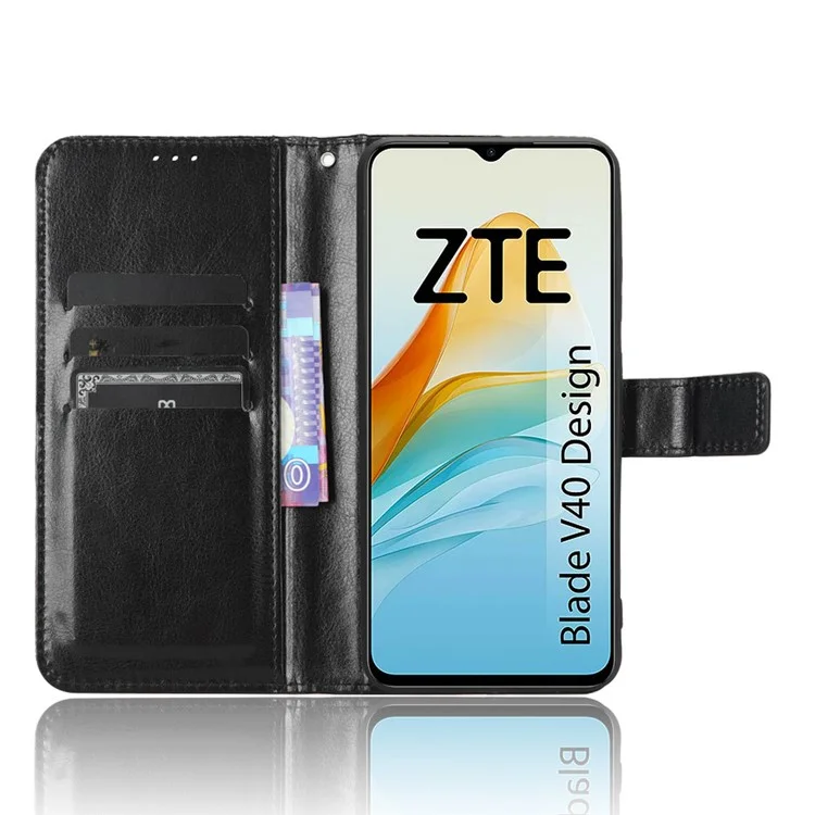 Pour ZTE Blade V40 Design Crazy Horse Texture Wallet Case PU Leather Stand Folio Flip Phone Cover - Noir