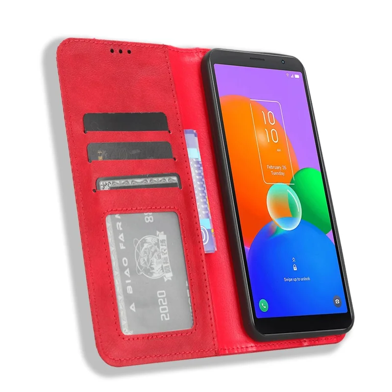Funda para teléfono TCL 403 Retro, carcasa magnética de cuero PU con soporte y billetera para teléfono móvil - Rojo