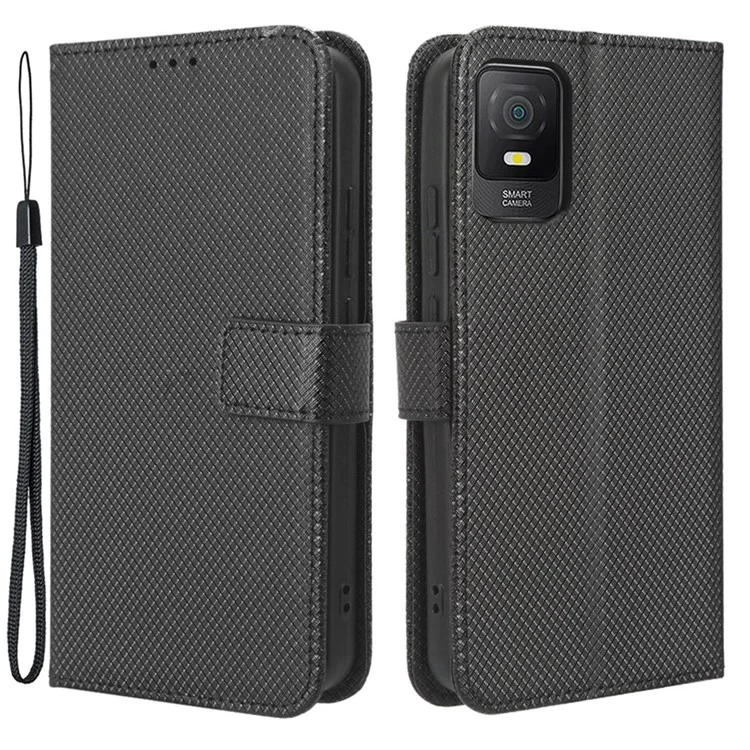 Para TCL 403 Wallet Phone Stand Case Textura de Diamante Capa de Telefone de Couro PU - Preto