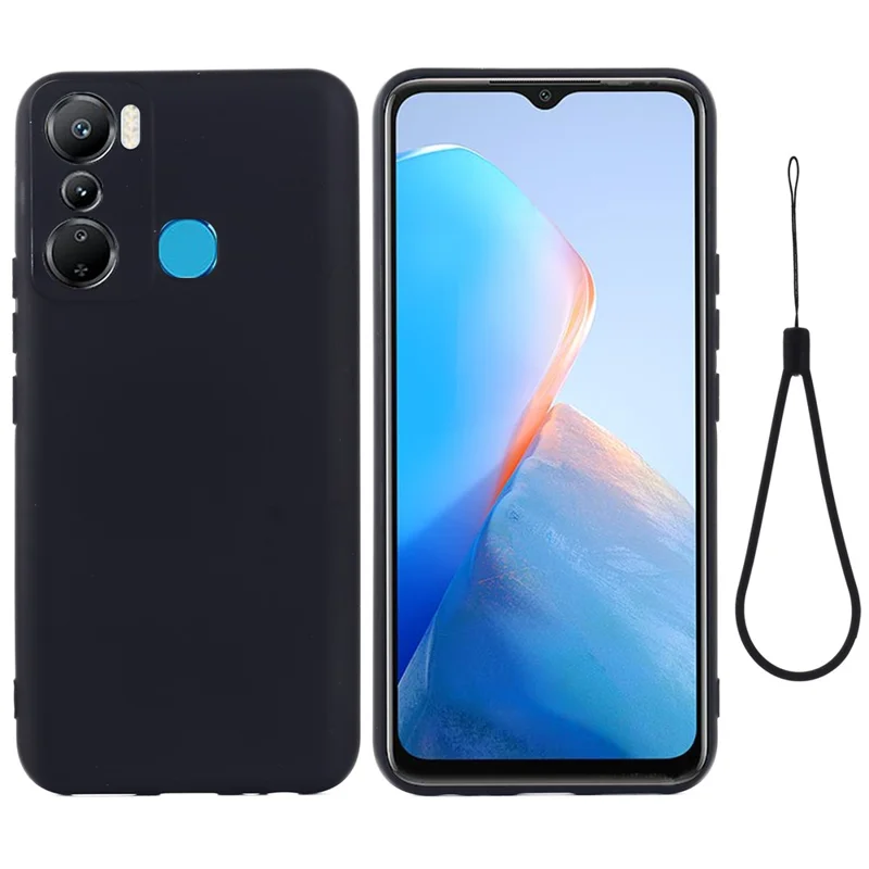 Para Infinix Hot 20 Play 4G Capa Protetora à Prova de Poeira para Celular, Capa de Silicone Líquido Macio com Revestimento Protetor e Alça - Preta