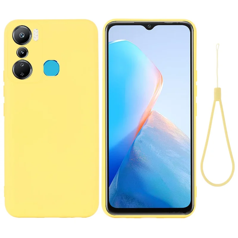 For Infinix Hot 20 Play 4G Dustproof Phone Protector Liquid Silicone Cell Phone Case Soft Lining Protective Cover with Strap - Yellow