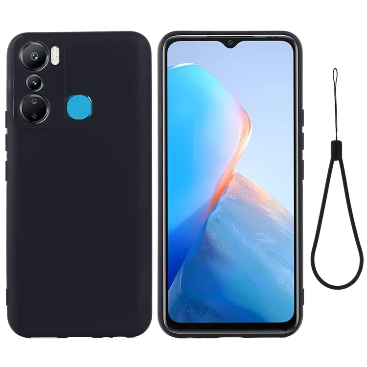 Pour Infinix Hot 20i 4G Slim-Fit Liquid Silicone Phone Case Anti-Scratch Soft Lining Protective Cover with Strap - Noir