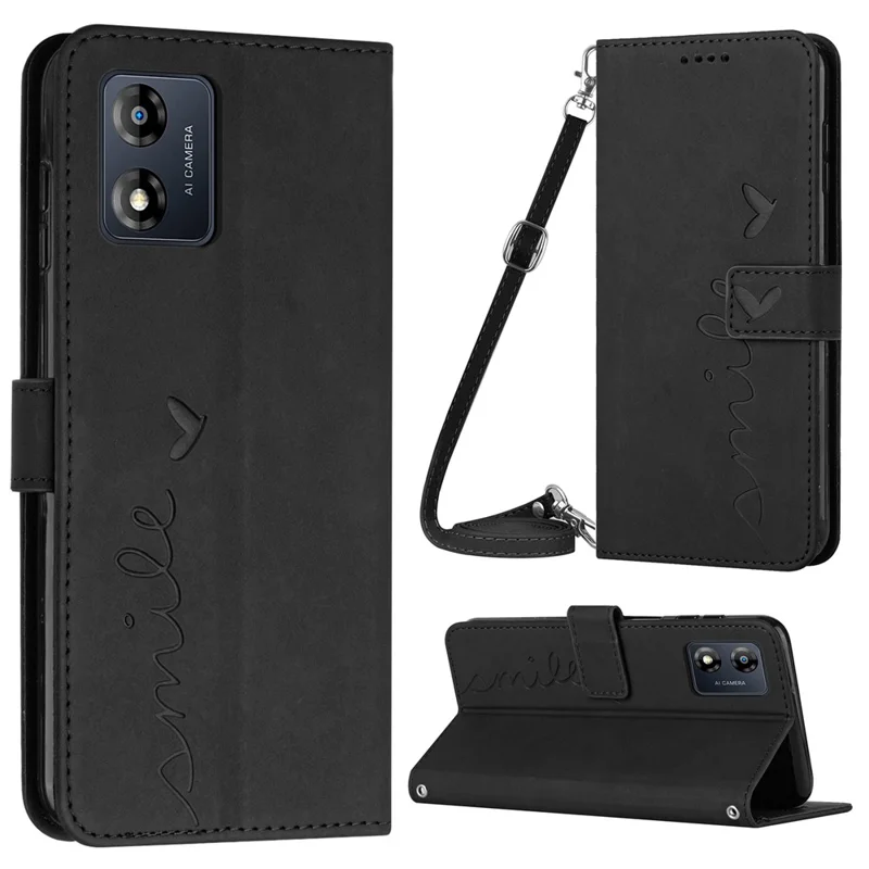 For Motorola Moto E13 4G Phone Leather Case Wallet Stand Heart Shape Phone Cover with Shoulder Strap - Black