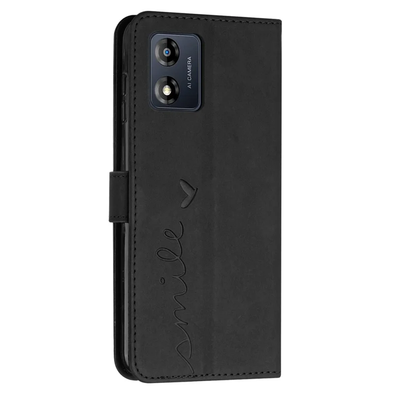 For Motorola Moto E13 4G Phone Leather Case Wallet Stand Heart Shape Phone Cover with Shoulder Strap - Black