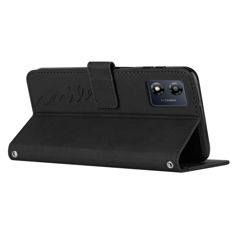 For Motorola Moto E13 4G Phone Leather Case Wallet Stand Heart Shape Phone Cover with Shoulder Strap - Black