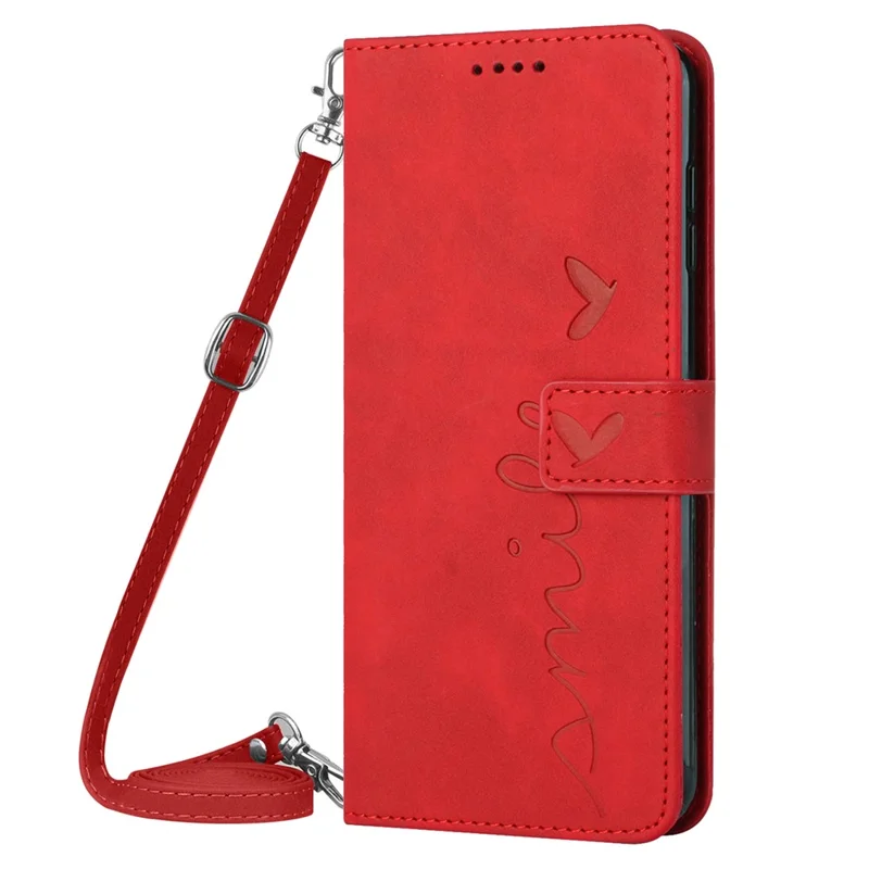 For Motorola Moto E13 4G Phone Leather Case Wallet Stand Heart Shape Phone Cover with Shoulder Strap - Red