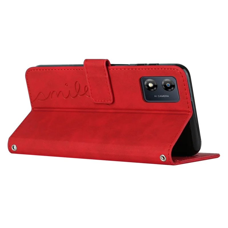 For Motorola Moto E13 4G Phone Leather Case Wallet Stand Heart Shape Phone Cover with Shoulder Strap - Red
