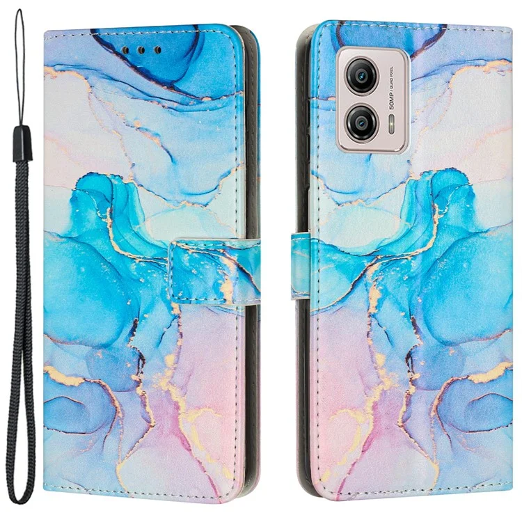 Для Motorola Moto G53 5G / G13 4G / G23 4G Marble Pattern Кожаный чехол для телефона Бумажник Подставка с ремешком на запястье - Розовый / Зеленый