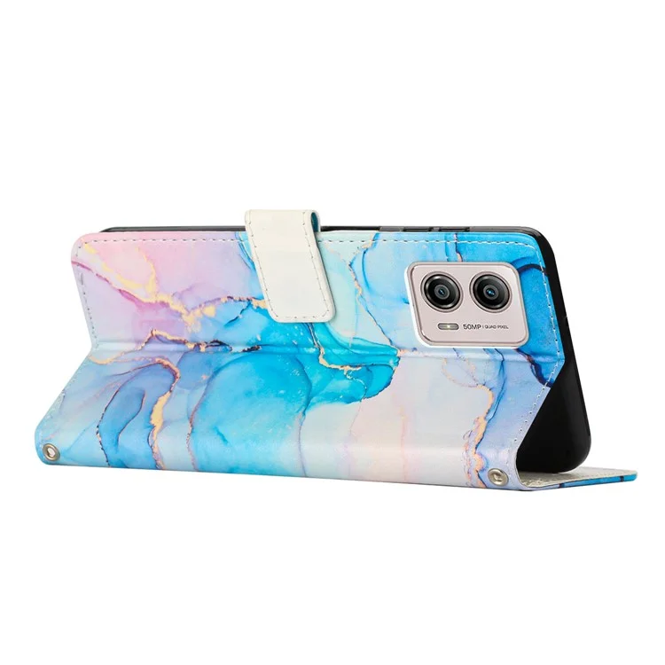 Для Motorola Moto G53 5G / G13 4G / G23 4G Marble Pattern Кожаный чехол для телефона Бумажник Подставка с ремешком на запястье - Розовый / Зеленый